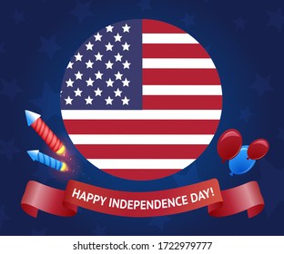 Happy Independence Day banner with USA flag, two  rockets, air balloons and ribbon. Background with stars