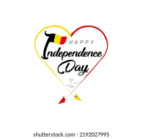 happy independence day of Belgium. Airplane draws cloud from heart. National flag vector illustration on white background.