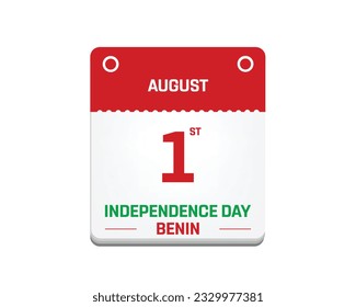 Happy Independence day Benin, Benin Independence day, Benin, Calender with flag colors, 1st August, 1 August, National Day, Calender, Typographic Design, Typography, Vector, Illustration, Eps