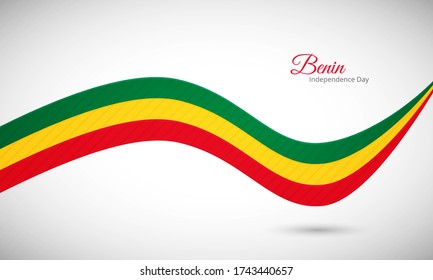 Feliz día de la independencia de Benín. Creativo reluciente y ondulado fondo de bandera Benín con tipografía de texto.