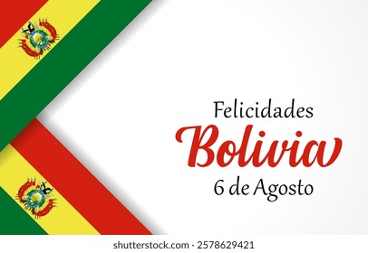 Happy Independence Day Bolivia August 6 greeting card template with 3D flag of Bolivia frame and cute calligraphy. Bolivian holidays billboard graphic concept. Envelope design. Minimalist style.