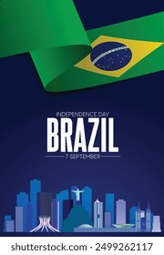 Feliz día de la independencia de Brasil 7 de septiembre cinta de la bandera en el cartel del Vector del paisaje urbano