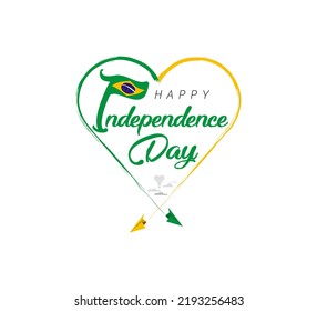 happy independence day of Brazil. Airplane draws cloud from heart. National flag vector illustration on white background.