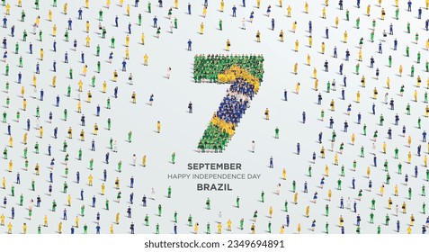 Alles Gute zum Unabhängigkeitstag Brasilien. Eine große Gruppe von Menschen bildet die Nummer 7, während Brasilien am 7. September seinen Unabhängigkeitstag feiert. Vektorgrafik.