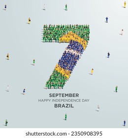 Alles Gute zum Unabhängigkeitstag Brasilien. Eine große Gruppe von Menschen bildet die Nummer 7, während Brasilien am 7. September seinen Unabhängigkeitstag feiert. Vektorgrafik.