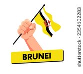happy independence day brunei darussalam 23 february. hands holding brunei darussalam flag on white background. vector flat illustration design. suitable for poster, banner and social media post