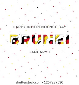 happy independence day of brunei greeting card concept with 3d realistic paper cut layers and confetti decoration pattern on white background. vector holiday illustration easy to edit and customize