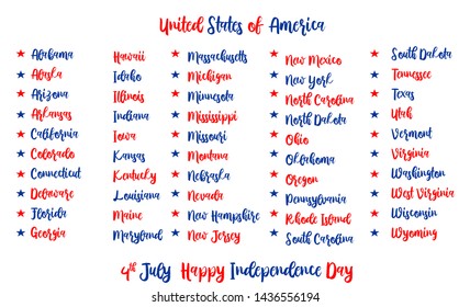 Happy Independence Day calligraphic text vector vintage with all state names. list of united states. happy independence day text. happy independence day usa. 
