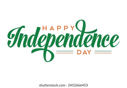 Happy Independence Day Calligraphic Typography Text with Tri Color Indian Flag Background Design, Greeting Card, Cover, Banner. Vector Template