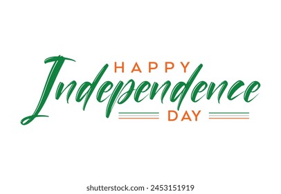 Happy Independence Day Calligraphic Typography Text with Tri Color Indian Flag Background Design, Greeting Card, Cover, Banner. Vector Template