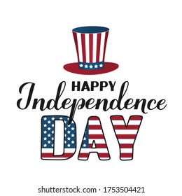 Happy Independence Day calligraphy hand lettering with Uncle Sam hat isolated on white. 4th of July celebration poster. Easy to edit template for logo design, greeting card, banner, flyer, sticker