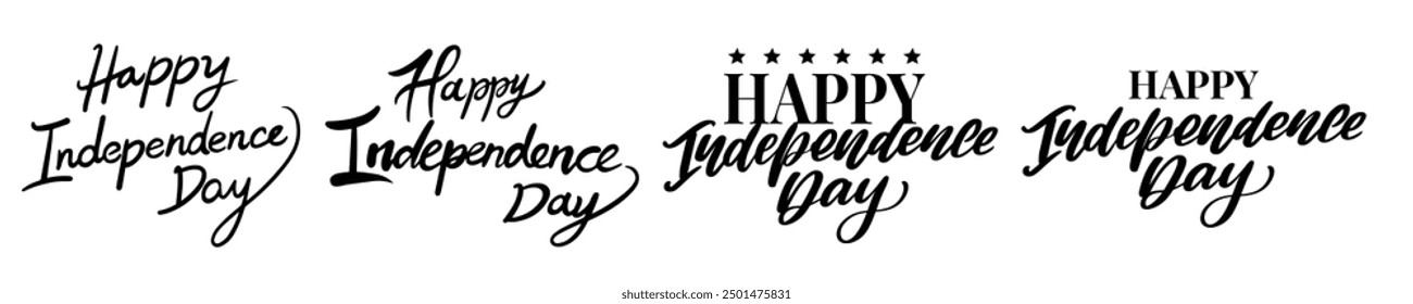 Feliz día de la independencia caligrafía, tipografía conjunto. Ilustración vectorial.  Letras escritas a mano de Feliz Día de la Independencia sobre fondo blanco. Cartel de letras con texto feliz Día de la Independencia