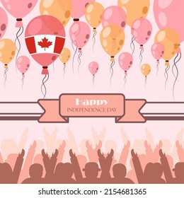 Happy independence day. Сard Canada Day with lots of balloons, many people. Feast of the first of July. Stylish inscription on a postcard dedicated to Canada. Vector best premium style illustration.