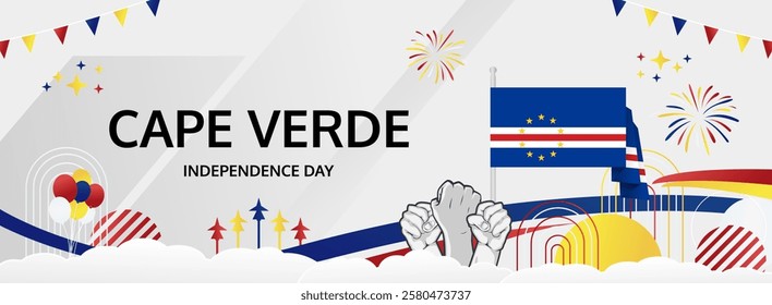 Happy independence day Cape Verde. Horizontal poster of Cape Verde national day with flag. July 5. Festive design concept for holiday celebration banner, greeting card, feast and congratulations