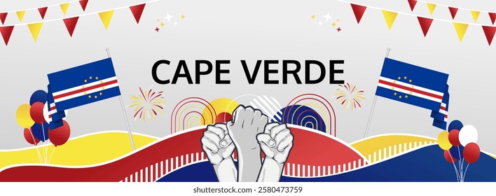 Happy independence day Cape Verde. Horizontal poster of Cape Verde national day with flag. July 5. Festive design concept for holiday celebration banner, greeting card, feast and congratulations