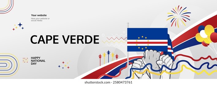 Happy independence day Cape Verde. Horizontal poster of Cape Verde national day with flag. July 5. Festive design concept for holiday celebration banner, greeting card, feast and congratulations