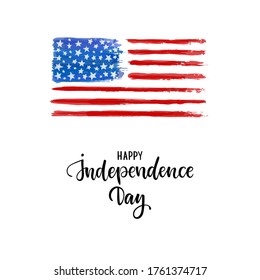 Happy Independence Day card. American Independence Typography card. Modern brush calligraphy text on watercolor American flag background. Hand drawn lettering typo vetor illustration Isolated on white