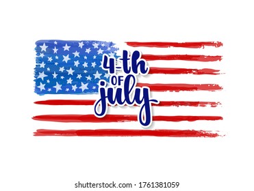 Happy Independence Day card. American Independence Typography card. Modern brush calligraphy text on watercolor American flag background. Hand drawn lettering typo vetor illustration Isolated on white