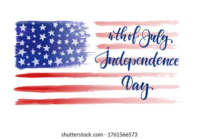 Happy Independence Day card. American Independence Typography card. Modern brush calligraphy text on watercolor American flag background. Hand drawn lettering typo vetor illustration Isolated on white
