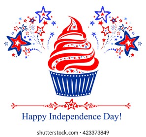 Happy independence day card. Celebration background with firework, Cupcake and place for your text. Vector Illustration