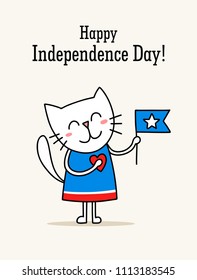 Happy Independence Day card with cute white kitty holdes American flag. Patriotic vector flat illustration card