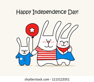 Happy Independence Day card with cute bunny family and red balloon. 4th of July patriotic vector flat illustration animal card