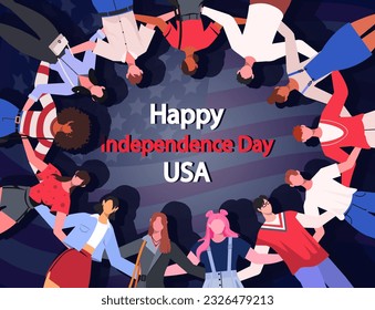Happy Independence Day card with diverse people standing together in a circle hugging showing unity and support on USA flag background. 4th of July.
