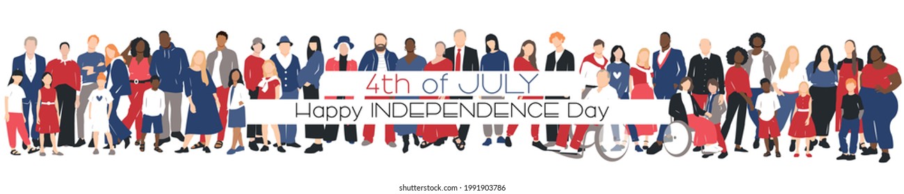 Happy Independence Day card. Multicultural group of mothers and fathers with kids. Flat vector illustration.