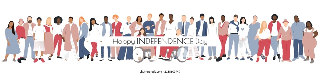 Happy Independence Day card. Multicultural group of people.