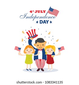 Happy independence day card United States of America with cute characters, 4 th of July,