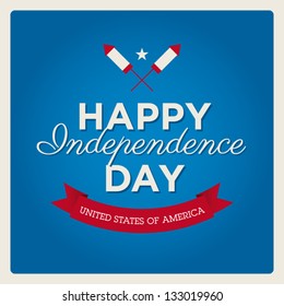 Happy independence day card United States of America, 4 th of July, with fonts, ribbon and rockets fireworks