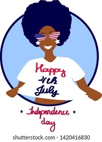 Happy independence day card United States of America. A flat girl stretched her T-shirt with conglratulating title