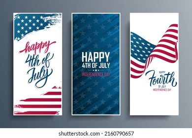 Happy Independence Day celebrate flyers set with national flag of the United States. 4th of July. USA national holiday vector illustration.