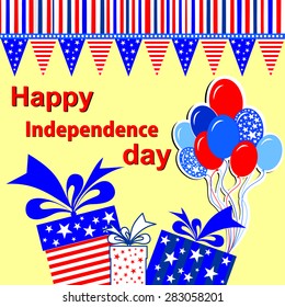 Happy Independence Day! Celebration background with gift boxes, balloon and place for your text. vector illustration