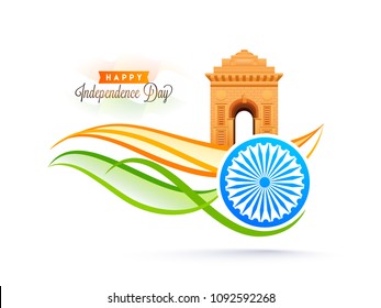 Happy Independence Day celebration concept with India Gate, Ashoka Wheel, waves and space for your text.