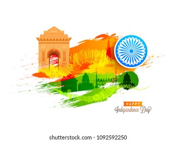 Happy Independence Day celebration poster, banner or flyer design with India Gate, Ashoka Wheel, and Indian Monuments on Safforn and Green Colours Background. 