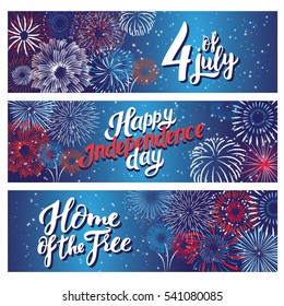 Happy Independence Day celebration  - set of horizontal banners with bright colorful lights of exploding fireworks at night flat vector illustration