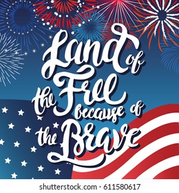 Happy Independence Day celebration template -  bright lights of exploding fireworks at night flat vector illustration with hand drawn lettering