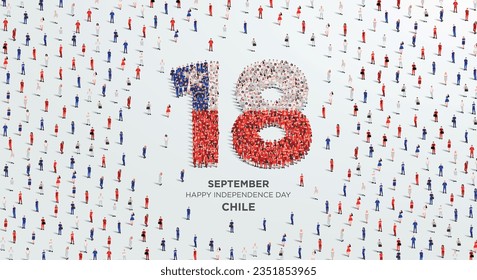 Feliz Día de la Independencia en Chile. Un gran grupo de personas se forman para crear el número 18 mientras Chile celebra su Día de la Independencia el 18 de setiembre. Ilustración vectorial.