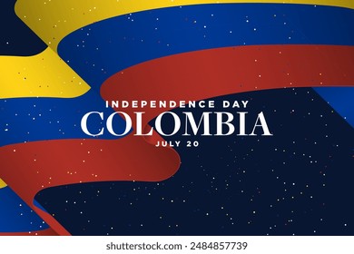 Happy Independence Day Colombia Greeting Banner, celebrated on July 20. Big waving Colombian Flag on dark background with burst of confetti in Colombian flag colors. Vector Illustration. 