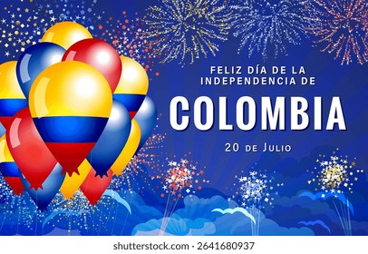Happy Independence Day of Colombia, July 20 Spanish congrats. Greeting card design with festive bright backdrop and realistic 3D elements. Holiday event invitation template. Postcard design.