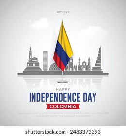 Happy Independence Day Colombia Post and Greeting Card. July 20 - Colombia Independence Day Flyer Template with Text and Colombia Flag Vector Illustration