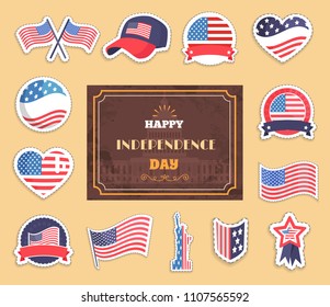 Happy independence day color vector illustration, white house image set of icons with american symbolic, hearts cap and stickers, liberty statue logo