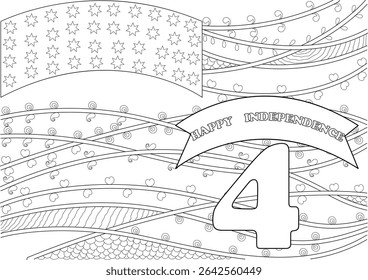 Happy Independence Day Coloring Page Illustration, A black and white line art illustration for coloring, celebrating the United States Independence Day. Features a stylized American flag with stars,