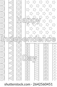 Página de coloração feliz do dia da independência com padrões patrióticos, Uma página de coloração preto e branco com o texto O dia feliz da independência sobreposto em padrões patrióticos abstratos que lembram elementos de