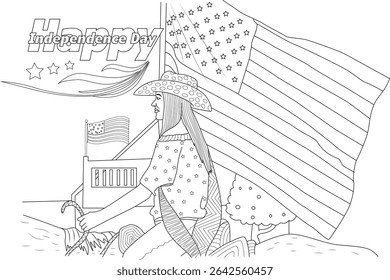 Happy Independence Day Coloring Page with Patriotic Woman and Flag, Line art illustration for coloring, depicting a woman wearing a hat and a starred shirt, standing in front of a large waving