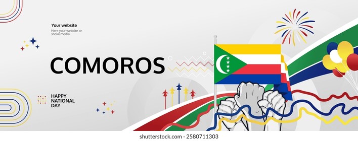 Happy independence day Comoros. Horizontal poster of Comoros national day with flag. July 6. Festive design concept for holiday celebration banner, greeting card, feast and congratulations