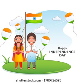 Happy Independence Day Concept, Cartoon Kids Doing Namaste With Indian Flag Stage Or Podium And Flying Tricolor Balloons On Green And Sky Background.
