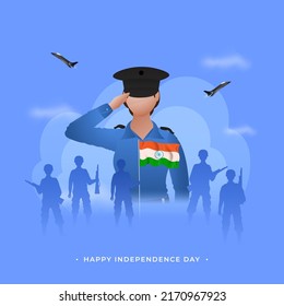 Happy Independence Day Concept With Faceless Female Officer Saluting, Silhouette Soldiers, India Flag And Fighter Jets On Blue Background.