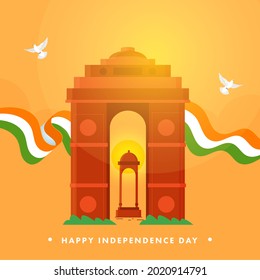 Happy Independence Day Concept With India Gate, Canopy Monument, Tricolor Ribbon And Doves Flying On Saffron Background.